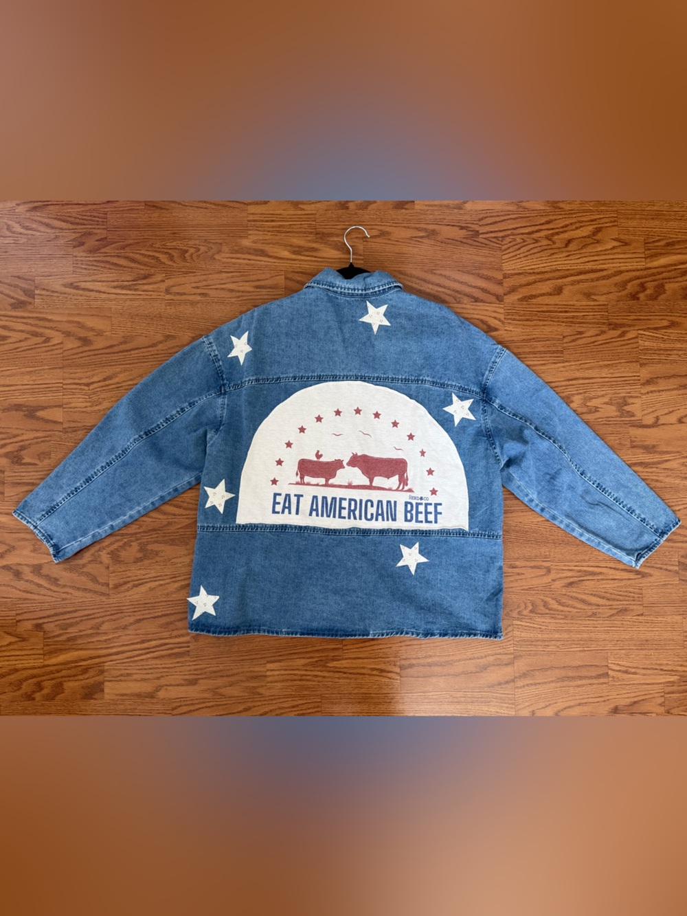 Cicy Bell Oversized Western Star Denim Jacket "Eat American Beef" Back Patch XL